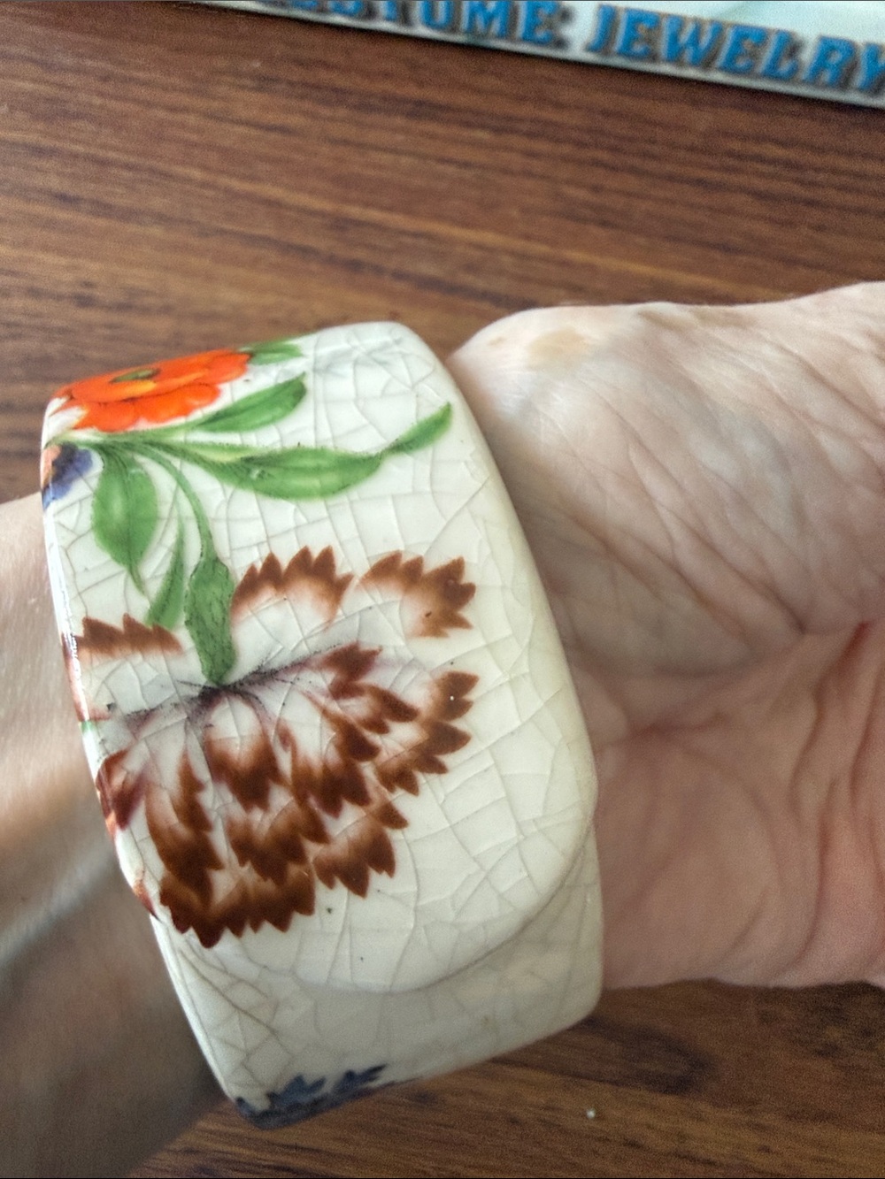 Vintage Porcelain Bangle Bracelet with Orange,Green, Blue & Brown Floral Design. - Picture 3 of 5